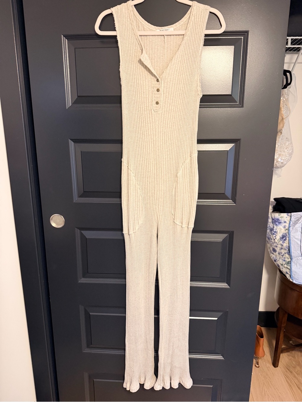 Project Social T Cream Ribbed Sleeveless Jumpsuit